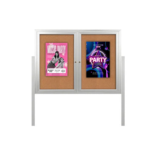 Freestanding 2 Door Outdoor Enclosed Bulletin Board 96x24 with Posts