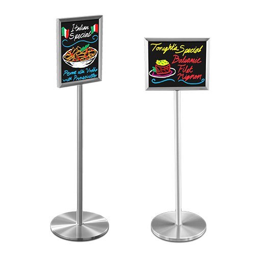 Silver Finish, Elegant, Upscale Hospitality Writable Black Marker Board Sign Stands 22 x 28 in Portrait and Landscape Sizes