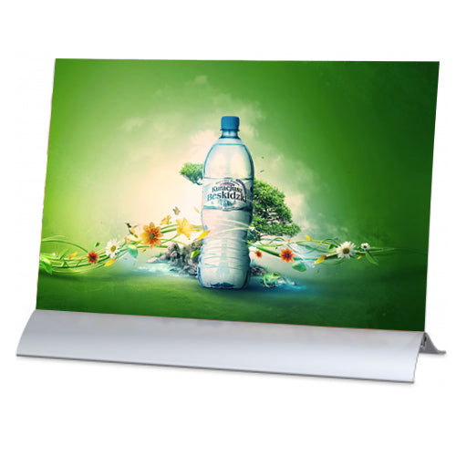 Crescent Base Counter Top Displays 11" WIde x 8 1/2" High (Upright Base) | With Acrylic Overlays