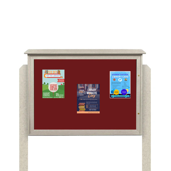 Eco-Design Outdoor Message Center 24"x 48" with Posts | Single Door Information Cork Bulletin Board - Faux Wood Cabinet in Five Finishes