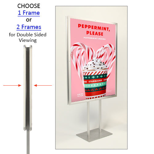 Double-Pole Floor Stand 27x40 Sign Holder with Bold Snap Frame 2 1/2" Wide Profile, Black + Silver Finishes