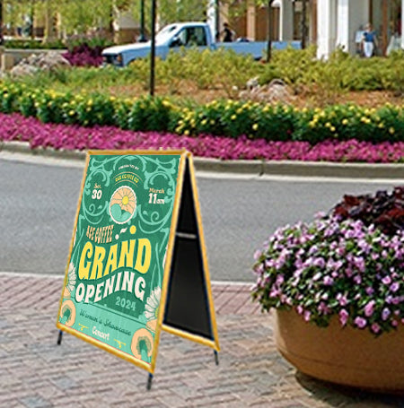 A-Frame 24x36 Sign Holder with Faux Wood Snap Frame 1 1/4" Wide Profile | Snap Open Quick-Change