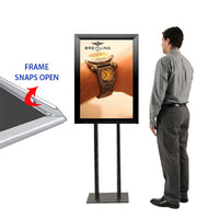 Double Pole Floor Stand 24x36 Sign Holder with Bold Snap Frame 2 1/2" Wide Aluminum Profile in 4 Finishes. Choose  One or 2-Sided Sign Stand