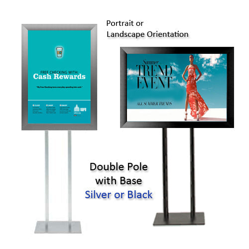 Double Pole Floor Stand 24x36 Sign Holder with Bold Snap Frame 2 1/2" Wide Aluminum Profile in 4 Finishes. Choose  One or 2-Sided Sign Stand