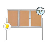 Free-Standing 3-Door Enclosed Outdoor Bulletin Board 84" x 48" with + Posts and LED Lighting